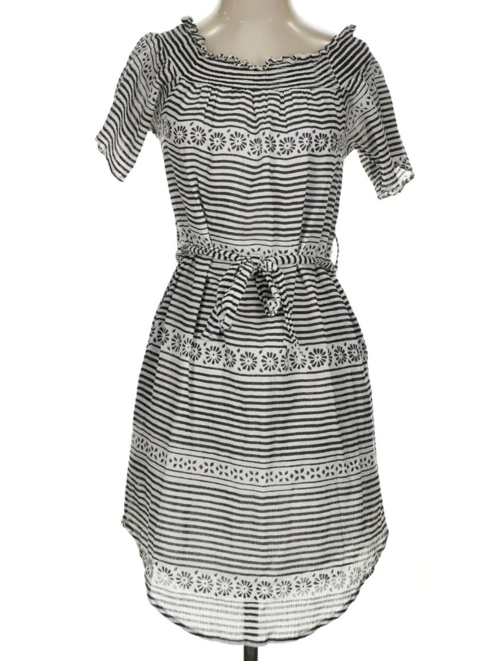 Banjanan Black & White Striped Short Sleeve Belted Dress (XS)